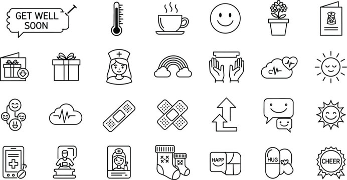Vector art of a set of line icons representing get well soon wishes and healthcare elements, including bandages, a thermometer, a rainbow, and a smiling face, isolated on white background