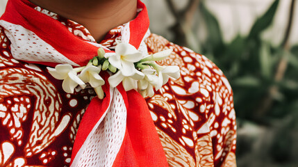 Red-and-white kebaya collar with jasmine flowers and batik patterns, symbolizing Indonesian Independence Day pride.