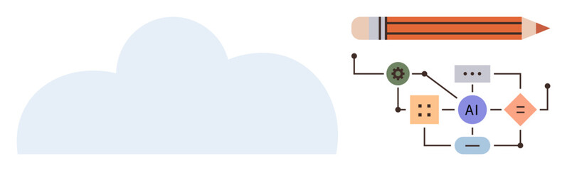 Cloud shape, pencil, AI nodes, and connection lines illustrating technology, creativity, and automation. Ideal for innovation, teamwork, machine learning data analysis system design brainstorming
