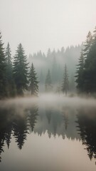 Misty Lake Reflection in Forest