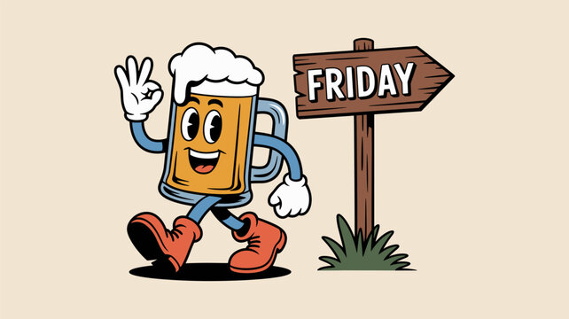 Happy cartoon beer mug character walking towards a friday sign