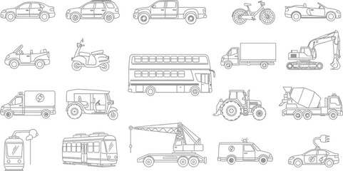 Vector art of a collection of various transportation vehicles, including cars, trucks, buses, and construction equipment, all depicted as simple line drawings