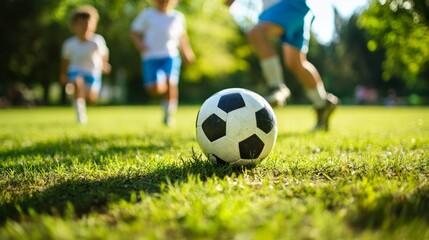 Fototapeta premium Children playing soccer in the park, close-up of the ball generative ai