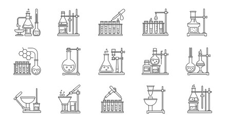 Outline icons of chemistry lab equipment on white background  white background
