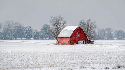 Snow-Covered Farmland with Red Barn