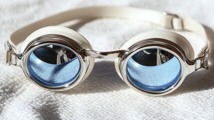 White swimming goggles with blue lenses on a white towel