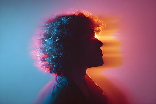 Silhouette of Androgynous Person with Curly Hair and Motion Blur Neon Lights