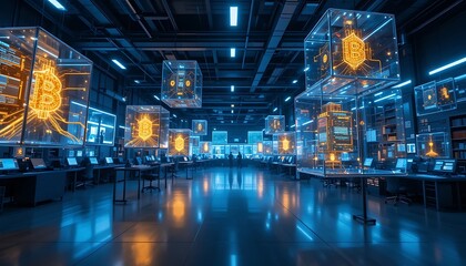 Bitcoin Data Center with Floating Digital Cryptocurrency Information Displays
