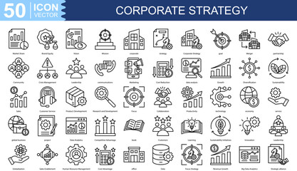corporate strategy icon collection set. Containing Market Share, Brand Equity, Vision, Mission, corporate, strategy icon