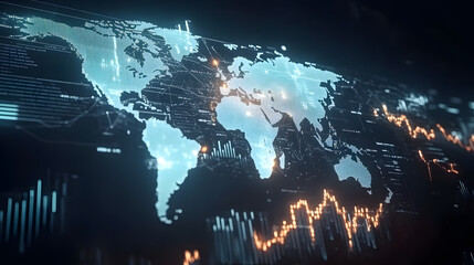 Global Network: Illuminated World Map with Dynamic Data Streams and Financial Charts