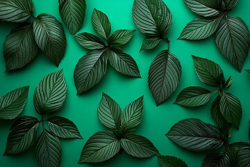 Arrangement of dark green foliage isolated on a vivid green backdrop