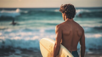 Rear view of a young man with a surfboard, beautiful beach background generative ai