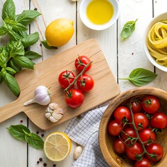 Fresh ingredients for delicious Italian pasta ready to be prepared on a bright wooden table, tomatoes and basil