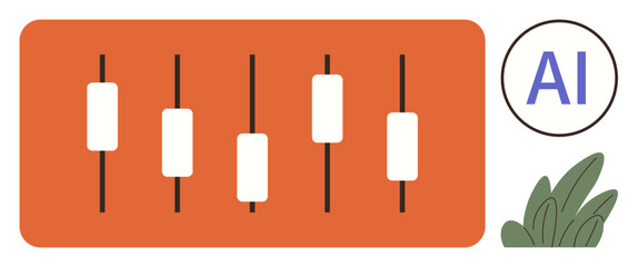 Candlestick patterns on orange panel with AI text and decorative plant. Ideal for finance, trading, data analysis, technology, AI innovation, investment trends, and stock market insights in simple