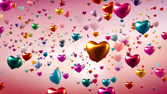 Multicolored heart-shaped objects floating against a soft pink background