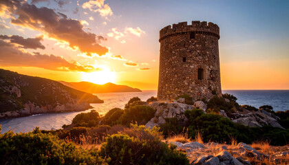 Coastal Stone Tower at Sunset