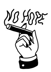 A hand holds a smoking cigar, the smoke spells 
