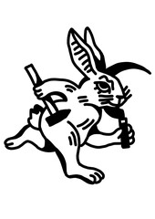 Running rabbit with shovel and bottle, quirky line art illustration