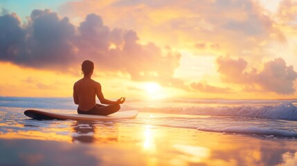 Surfer meditating next to his board at dawn generative ai