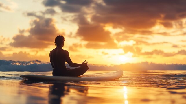 Surfer meditating next to his board at dawn generative ai