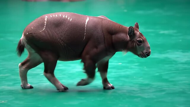 Unique brown mammal with white stripes walking on vibrant green background