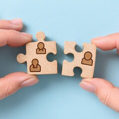 Hands hold two wooden puzzle pieces, each with person icons, about to be joined