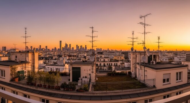 An apartment balcony view showing rooftops, antennas, and distant high-rise buildings during sunset - Powered by Adobe