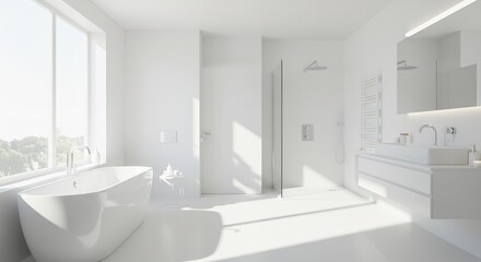 Fototapeta premium Minimalist All-White Bathroom Interior with Bathtub, Shower, and Natural Light