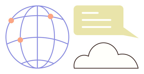 Globe with connection points, a speech bubble, and a cloud outline. Ideal for networking, communication, global reach, technology, data sharing internet collaboration. Simple flat metaphor