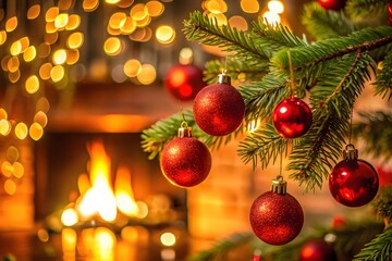 Cozy christmas scene with glowing fireplace and ornate red ornaments on a fir tree