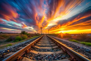 Fototapeta premium Dramatic sunset over railroad tracks with vibrant clouds and silhouetted landscape