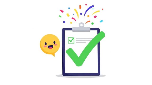 Animated checklist confirmation with smiley and confetti, vector illustration style