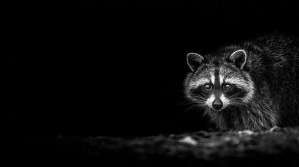 Close-up of a raccoon in a dark environment.