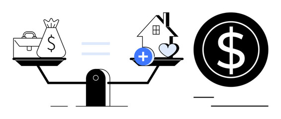 Scale balancing money bag, briefcase, house, and heart symbol. Enlarged dollar circle signifies financial growth. Ideal for finance, investment, real estate, equity priorities minimalism flat