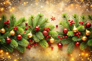 Festive christmas garland with pine branches ornaments and red berries on textured background