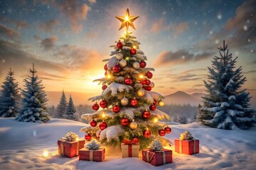 Festive christmas tree adorned with red ornaments and gifts under a snowy sunset sky