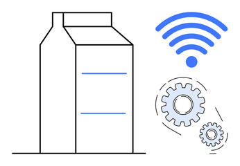 Manufacturing building outline paired with gears and a wireless signal conveying automation, IoT, and tech integration. Ideal for smart technology, connectivity, industrial IoT, manufacturing