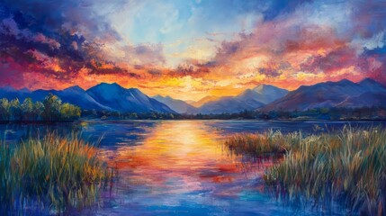 Vibrant sunset over a tranquil lake with distant mountains