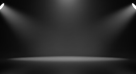 Monochromatic gradient scene with two upper spotlights illuminating the center stage.