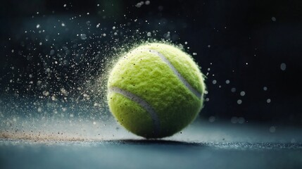 Tennis ball spinning in slow motion, dust particles visible, dynamic concept, generative ai