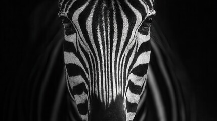 Close-up view of a zebra's face in monochrome.