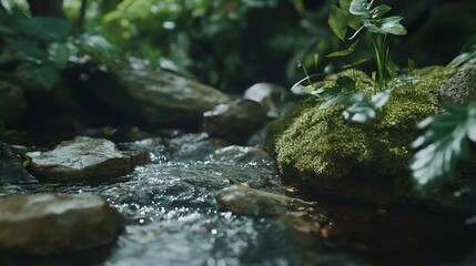 Enchanting creek flowing through mossy rocks and lush greenery in a tranquil forest setting