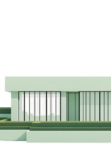 A minimalist building with large windows and green accents