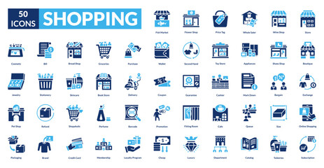Shopping fill icon collection set. Includes cart, bag, store, discount, checkout, basket, receipt, payment, sale, product, barcode, coupon, cashier, shelf, retail, store