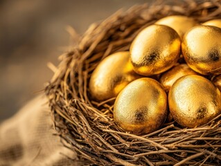 Golden eggs nestled in a bird's nest, symbolizing wealth and financial security.