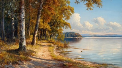 View along the tree-covered shore of a calm lake with a clear sky