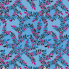 Abstract seamless pattern of colorful leaves under blue background