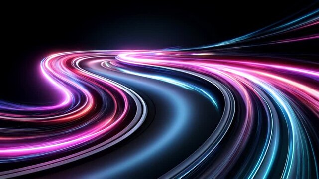 Seamless loop of flowing neon energy ribbons in S-shaped motion with glowing particles and cinematic light trails in 4K UHD

