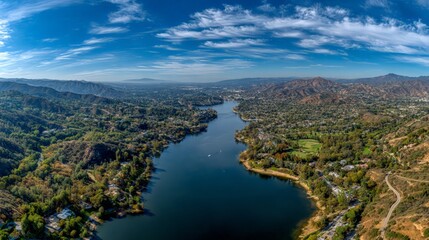 Aerial View Of Lake And Surrounding Landscape In Los Angeles
