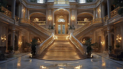 Obraz premium Grand luxurious staircase with golden railings and warm lighting in elegant mansion interior featuring marble floors and ornate architectural details creating majestic atmosphere